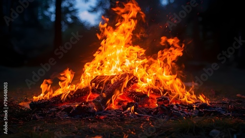 Intense and vibrant campfire flames captured in close-up against a dark backdrop. Concept Close-up Photography, Intense Flames, Vibrant Colors, Campfire, Dark Backdrop