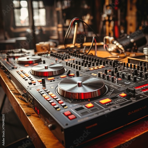 b'A professional DJ mixer setup with a turntable and various knobs and buttons for mixing and creating music.' photo