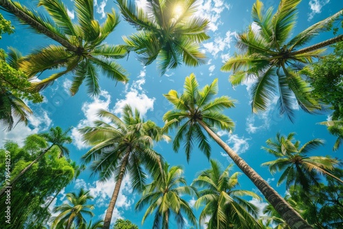 Looking up at the lush green canopy of a tropical palm forest