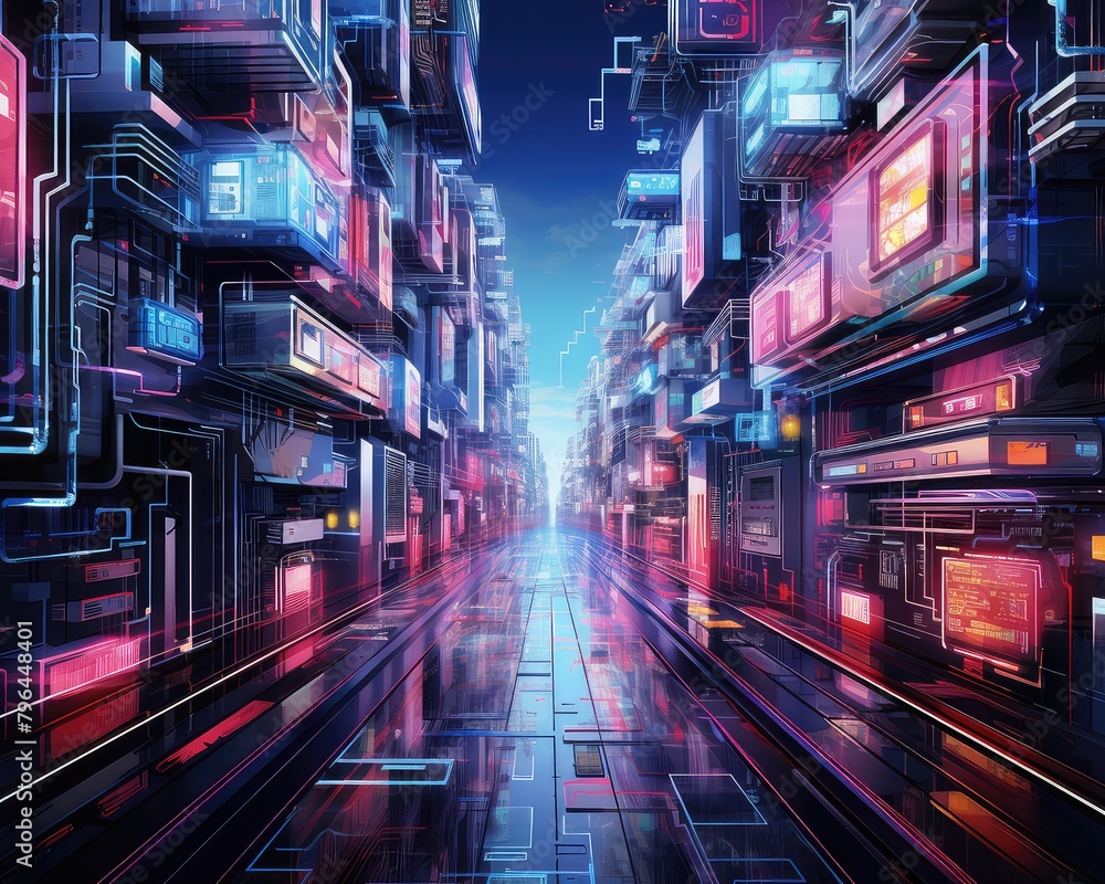 A long, wide street in a cyberpunk city