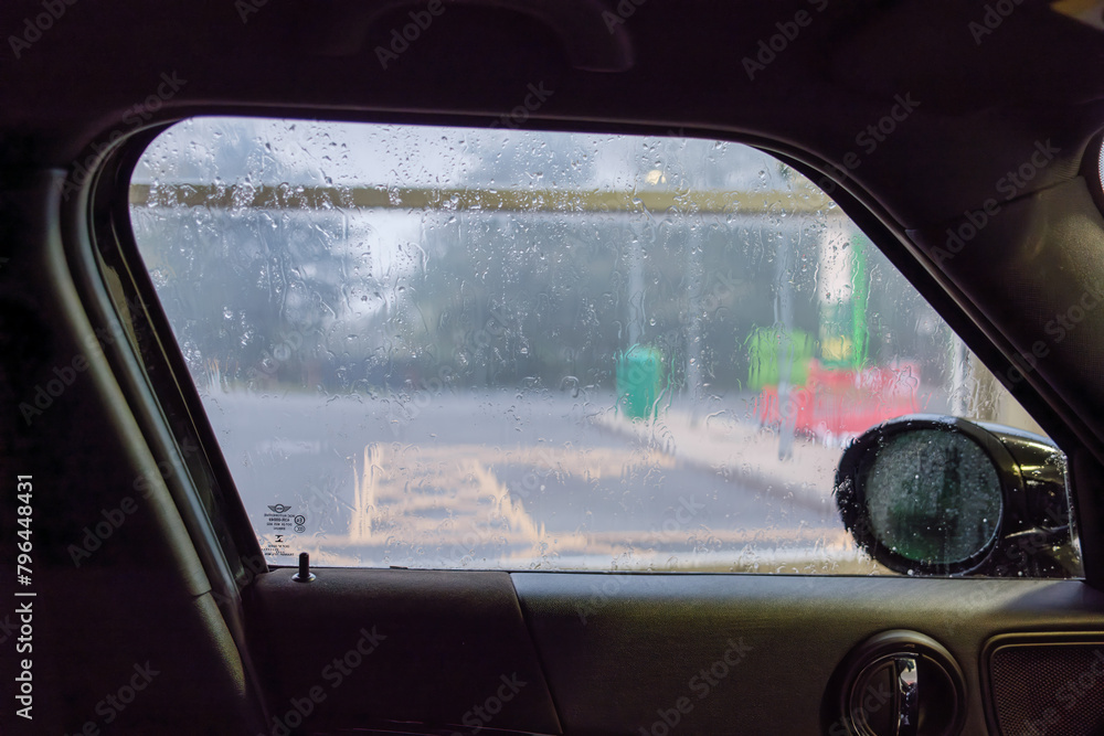 Inside a car automatic car wash.

