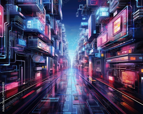 A long  wide street in a cyberpunk city