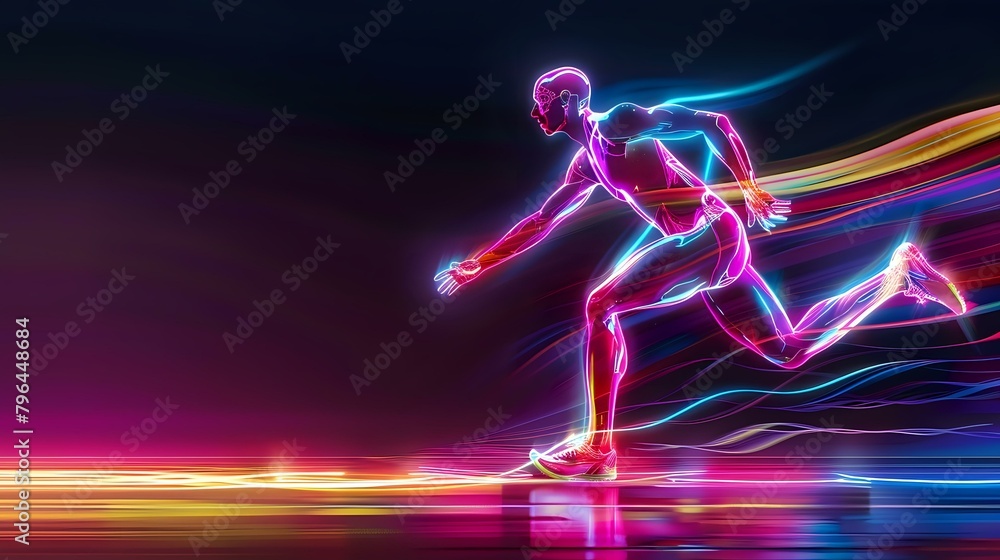 Runner with Neon Glow on Dark Background Dynamic Athletic Scene