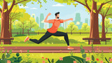 Happy man exercising in the park. Vector illustration