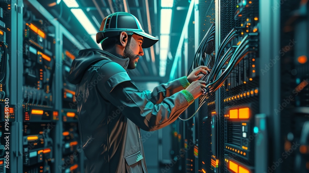 Internet Infrastructure: A 3D vector illustration of a network technician installing network cables in a data center Internet Infrastructure: A 3D vector illustration of a network technician installing network cables in a data center