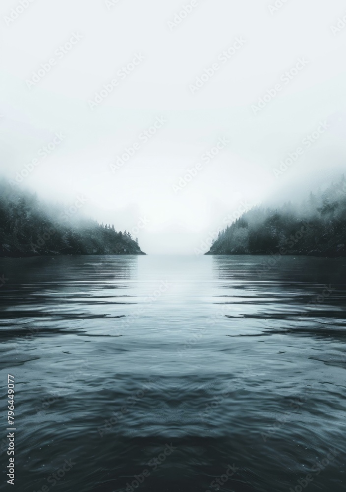b'Misty fjord landscape with dark water and dense woods' b'Misty fjord landscape with dark water and dense woods'