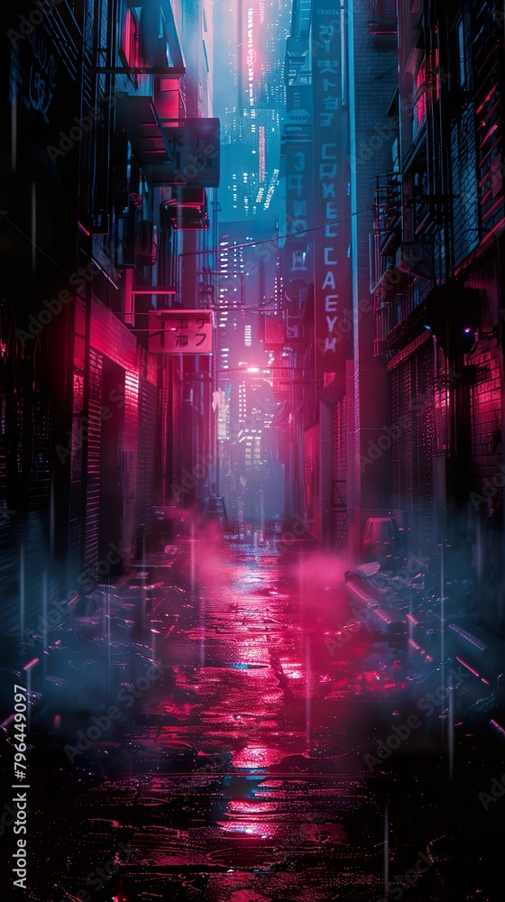 Futuristic Cyberpunk Alleyway, neon lights, urban dystopia, rainy night, 3D render, spotlight, chromatic aberration, Dolly zoom effect