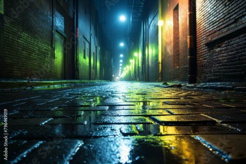 b'A dark and wet alleyway with brick buildings on both sides and a single light source at the end of the alleyway'