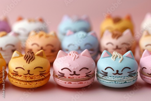 Whimsical cat macarons on pastel background