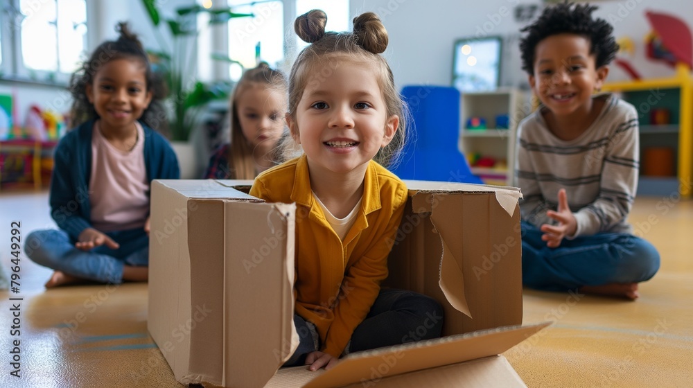 Kids playing with a cardboard box, imagining it's a spaceship. Kids playing with a cardboard box, imagining it's a spaceship.