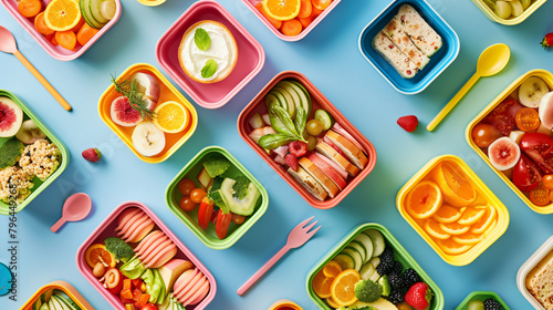 School lunch boxes with tasty food on color background