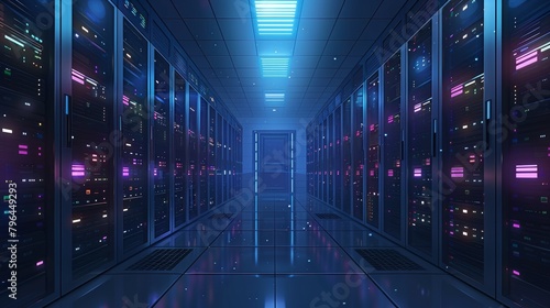 Internet Infrastructure: A 3D vector illustration of a server room with blinking lights and humming servers
