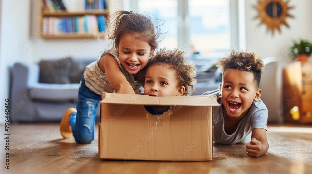 Children With Box Kids playing with a cardboard box, imagining it's a spaceship. Stock ...