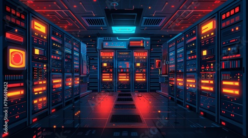Internet Infrastructure: A vector illustration of a server room with rows of servers and network equipment photo