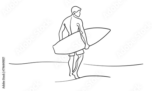 Surfer continuous line art drawing isolated on white background. Ocean line art drawing. Vector illustration