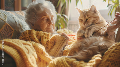 Senior woman with cute cat and knitting needles  photo