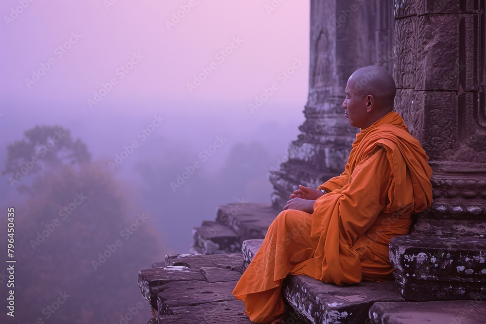 A monk wearing saffron clothes is sitting in the temple A monk wearing saffron clothes is sitting in the temple