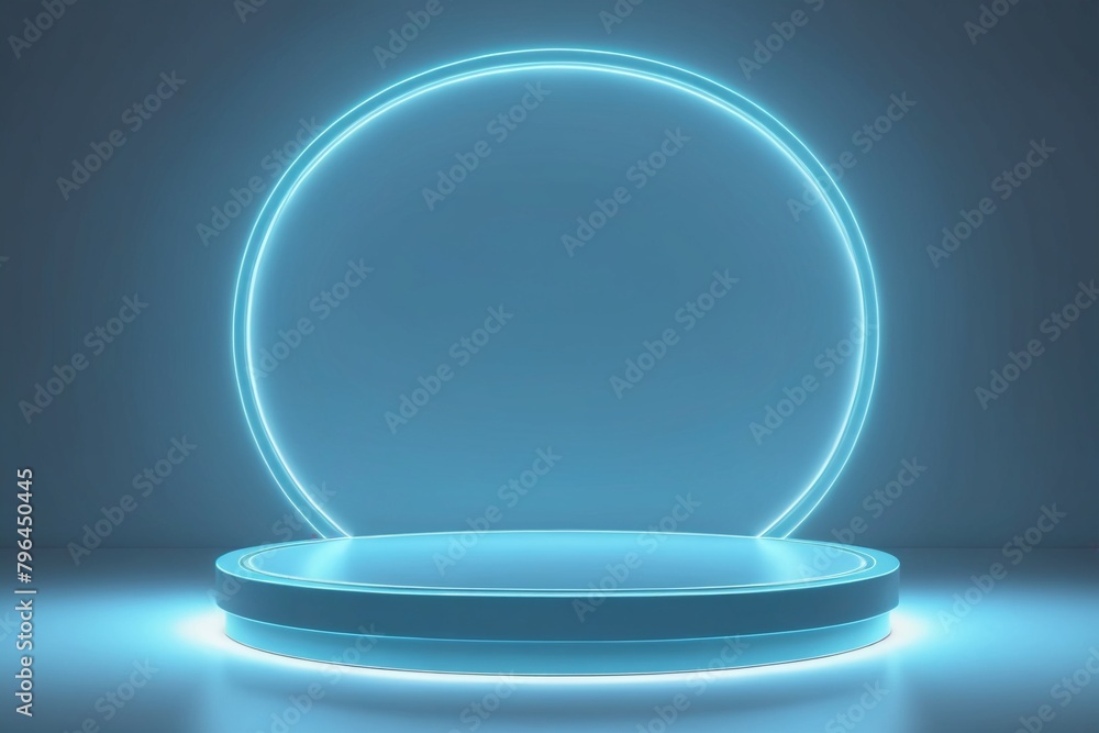 Minimalist abstract blurry light blue background for product presentation with a round neon glow. Blue empty podium with glowing neon frame in the dark for product presentation.