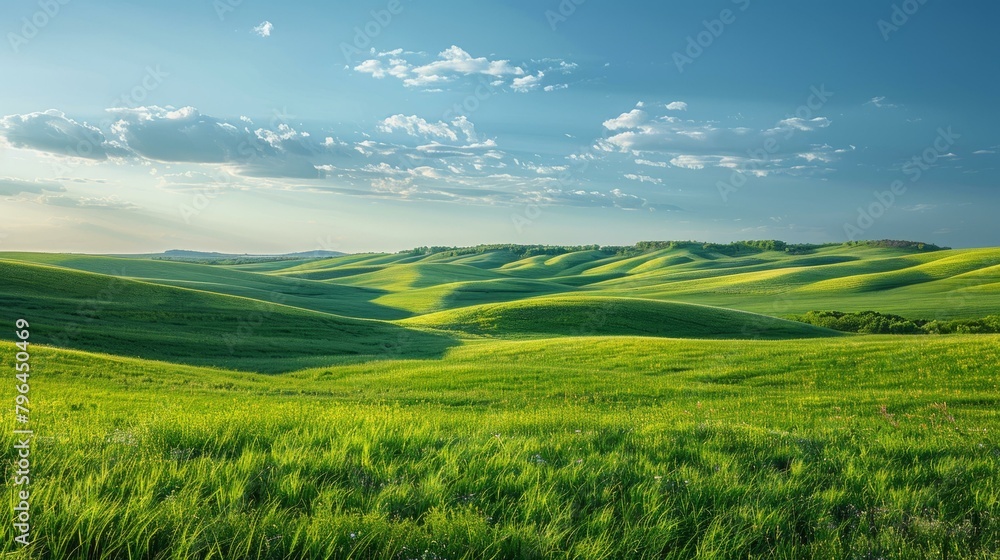 b'Green rolling hills under blue sky with white clouds'