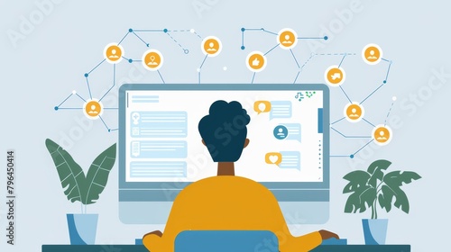 Social Media: A vector illustration of a person interacting with a social media platform on a computer