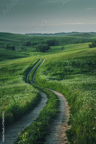 b A dirt road winds through a lush green prairie landscape 