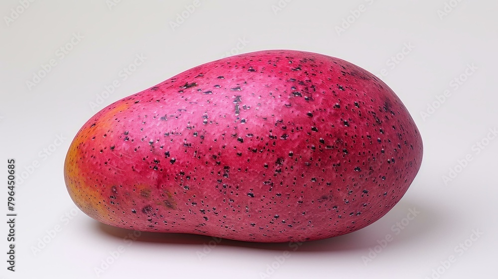 b'A large pink mango with black spots on a white background' b'A large pink mango with black spots on a white background'