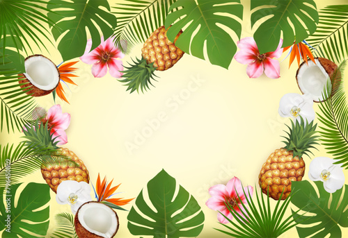 Summer tropical background with palm leaves, colorful flowers and a exotic fruit. Vector © ecco