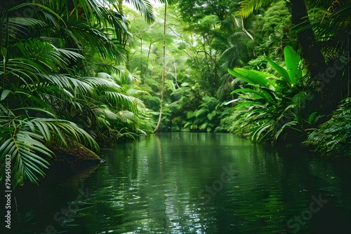 Exploring the Rich Costa Rican Rainforest with Lush Greenery and Serene Waterways. Concept Costa Rican Rainforest, Lush Greenery, Serene Waterways, Nature Photography, Tropical Adventure photo