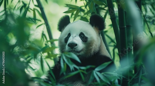 white panda sitting on the bamboo tree among leaves