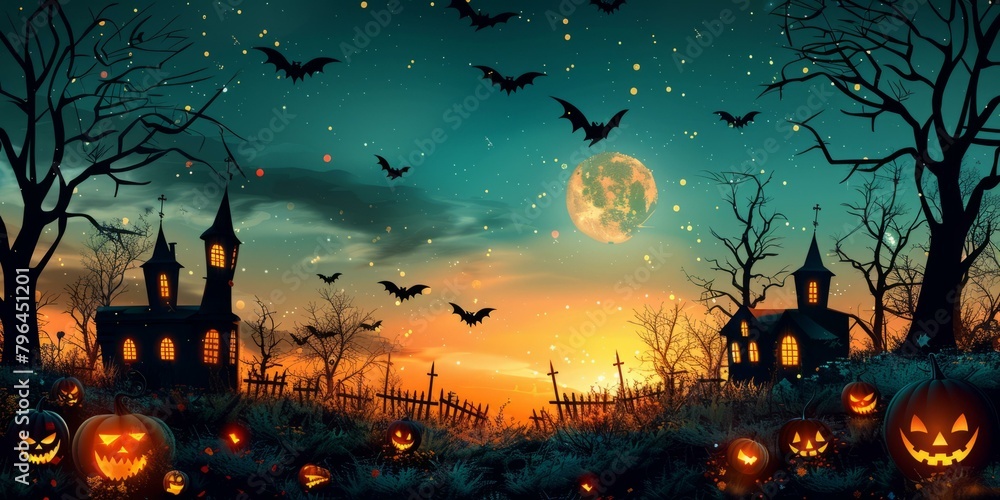 b'Spooky Halloween Night With Haunted House And Pumpkins' b'Spooky Halloween Night With Haunted House And Pumpkins'