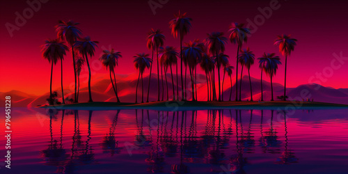 Mesmerizing sunset over a tropical island with palm trees silhouetted against vibrant neon skies and reflective waters