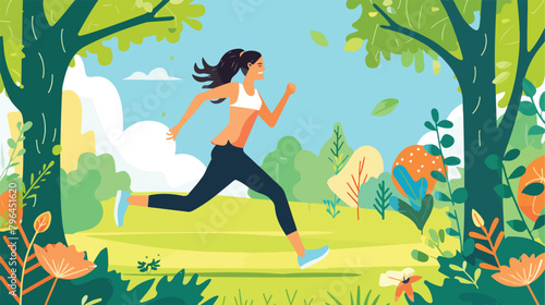 Happy woman exercising in the park. Vector illustration
