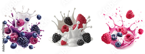 A splash of milk with mixed berry fruit, isolate on transparent background photo