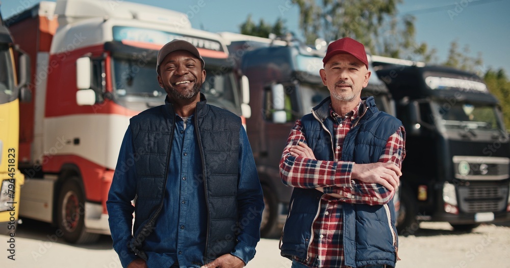 Fototapeta premium Two mixed-race coworkers standing before large trucks outside. Mature drivers in hats and jackets positively looking into camera. Getting ready to traveling. Working together in delivery company.