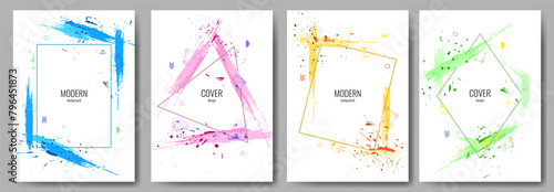 Collection of abstract photo frames. Geometric shapes, dynamic ink brushstrokes. Hand drawn set of frames. Vector grunge overlay. Bright colours. Poster, gift card, book cover design. Place for text.