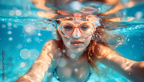 Submerged discovery youthful woman diving in pristine crystal clear blue ocean waters