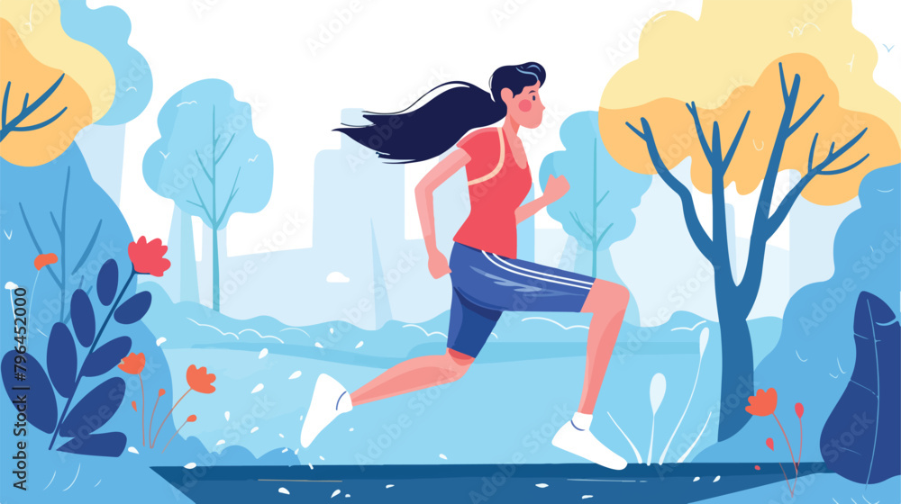 Happy woman running in the park. illustration in flat