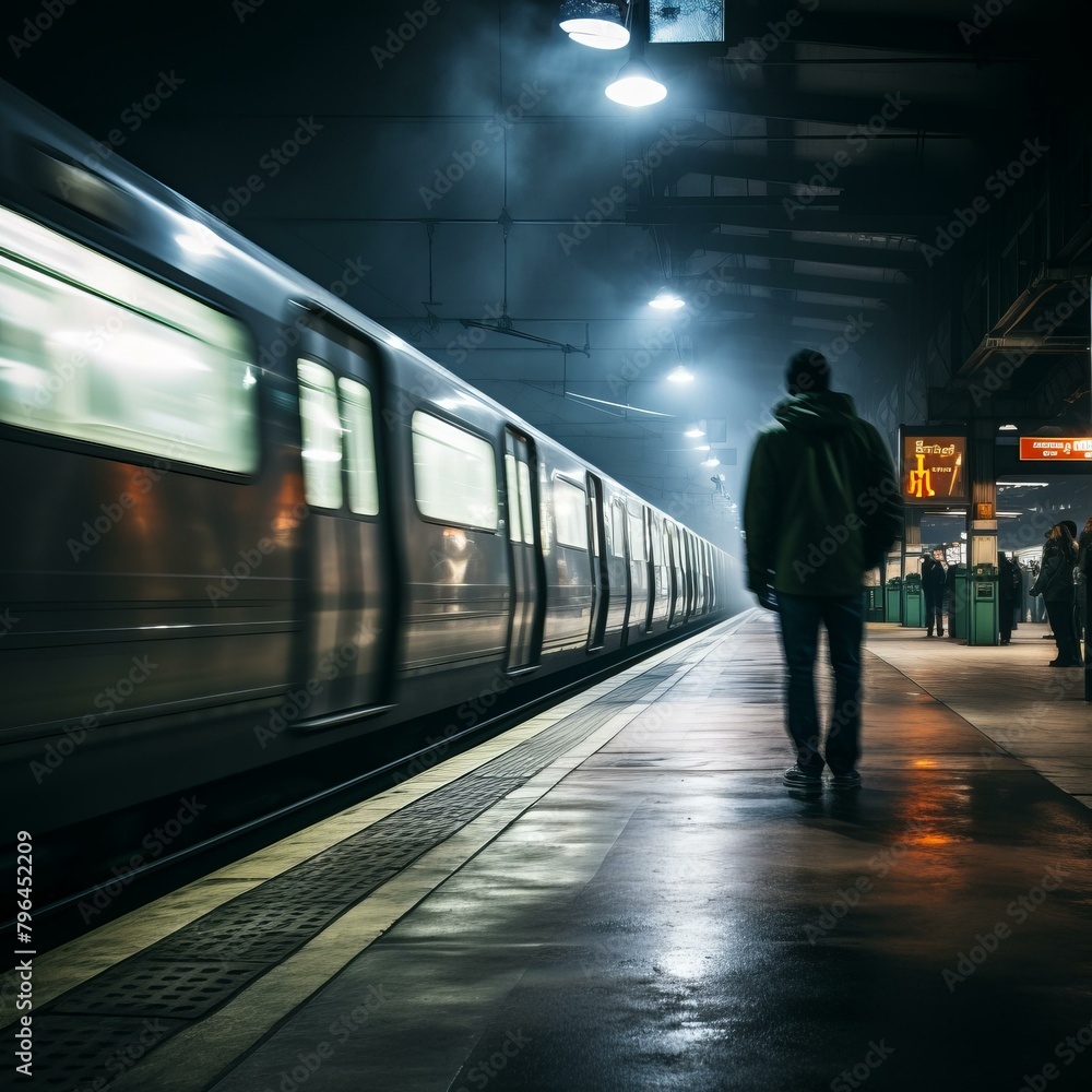 b'A lone figure stands on a subway platform as a train speeds past' b'A lone figure stands on a subway platform as a train speeds past'