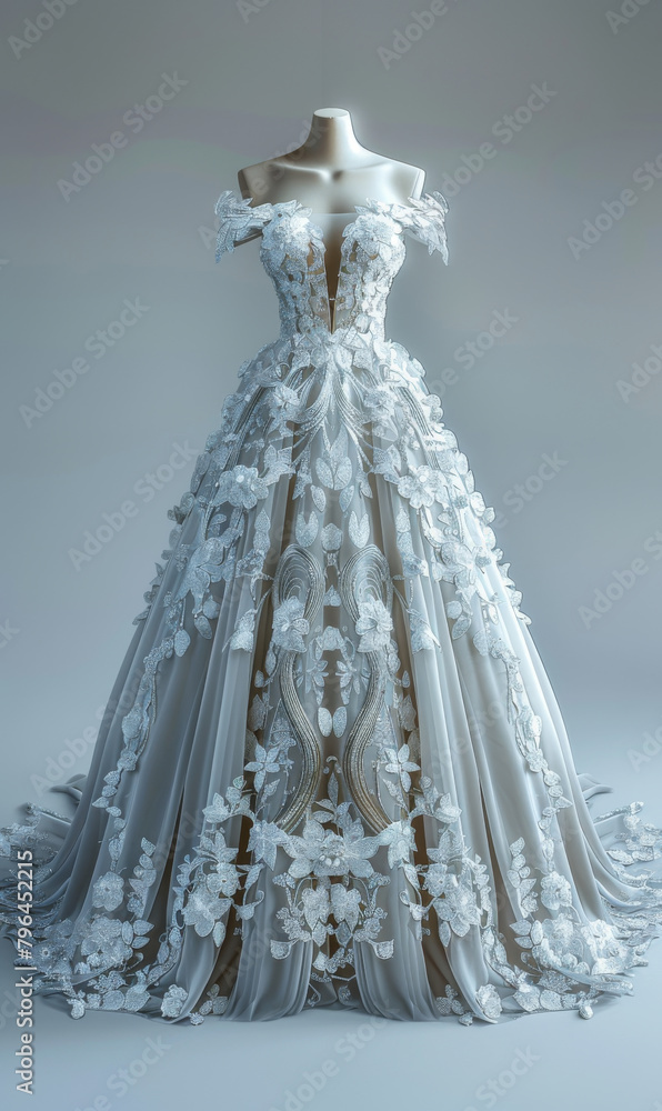 Super beautiful wedding dress with creative embossed printing, diamonds and white gems, 3d designed front view ad mockup, isolated on a white and gray background.