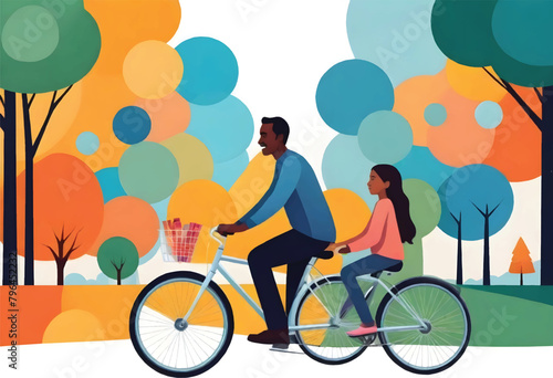 a father and a daughter riding bikes with a basket on the front