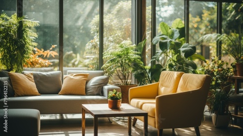 b'Indoor plants in living room with large windows'
