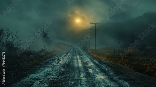 b'Country road through a spooky forest during a heavy rain storm' photo