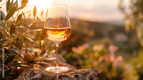 A glass of rose wine with an olive branch and a rural sunset blurry background landscape with olive trees, AI generated