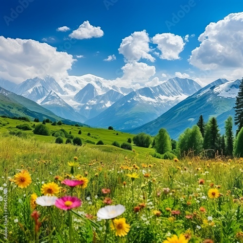 b'Alpine meadow in full bloom with snow capped mountains in the distance' photo