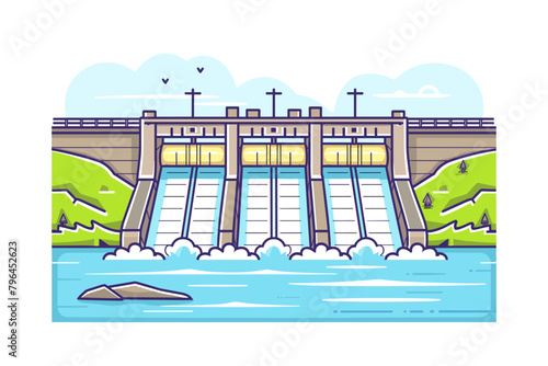 Hydroelectric dam, hydroelectric power plant, sustainable green energy, renewable clean energy sources - vector illustration