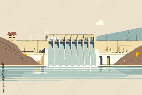 Hydroelectric dam, hydroelectric power plant, sustainable green energy, renewable clean energy sources - vector illustration