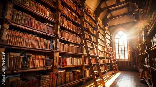 b'Old Library with Wooden Bookshelves and a Ladder' photo