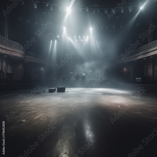 an empty stage at a rock concert venue, no people, atmospheric and moody, cinematic, dry ice photo