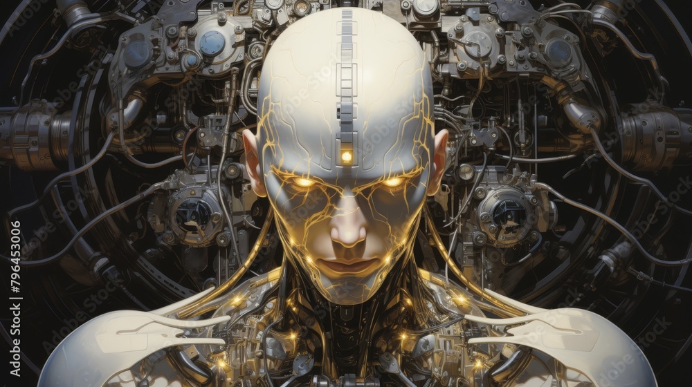 A steampunk robot with glowing yellow eyes and a glowing yellow core in a dark, industrial setting. A steampunk robot with glowing yellow eyes and a glowing yellow core in a dark, industrial setting.