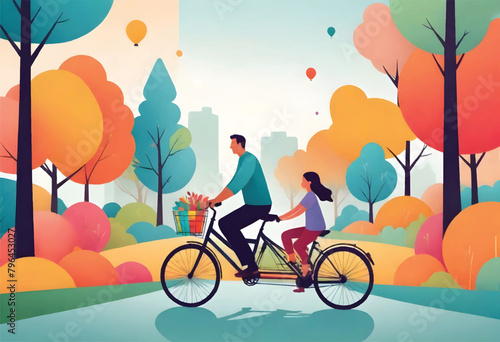 a father and a daughter riding bikes with a basket of flowers in the park